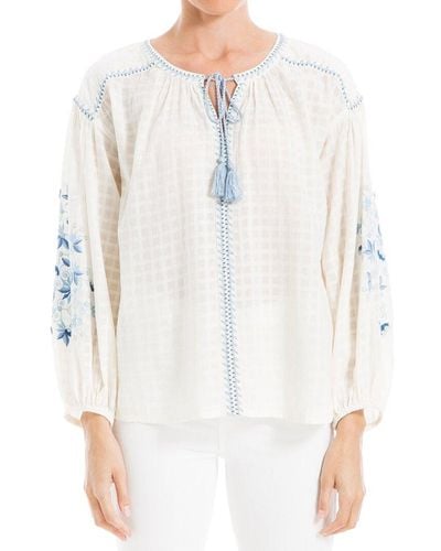 Max Studio Embroidered Long Bubble Sleeve Top - White