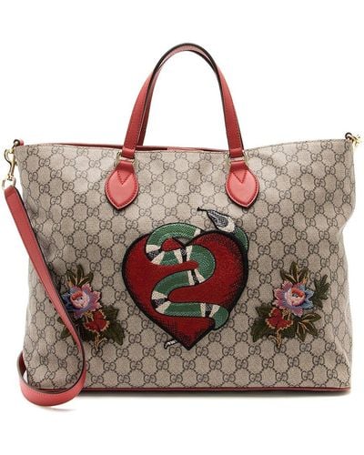 Gucci Gg Supreme Canvas & Leather Kingsnake Heart Soft Courrier Tote (Authentic Pre-Owned) - Brown