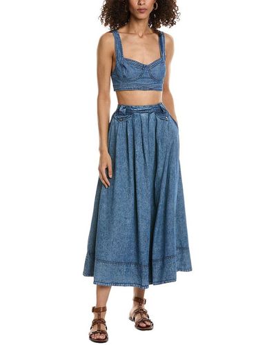 Free People 2pc Maddox Linen-blend Crop & Skirt Set - Blue