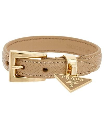Prada Logo Enameled Metal Triangle Charm Leather Bracelet - White