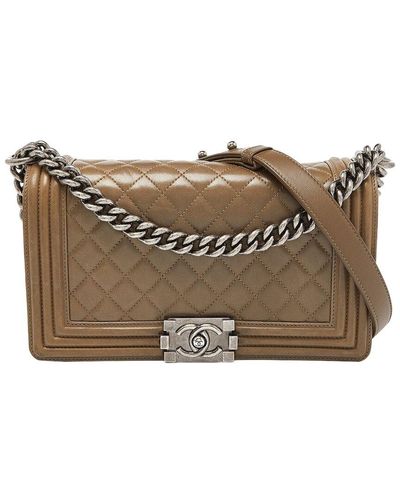 Chanel Quilted Leather Medium Boy Double Flap Bag (Authentic Pre-Owned) - Brown
