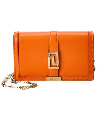 Versace Greca Mini Leather Wallet On Chain - Orange