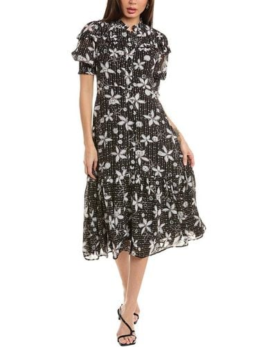 Gracia Floral Print Flounce Midi Dress - Black