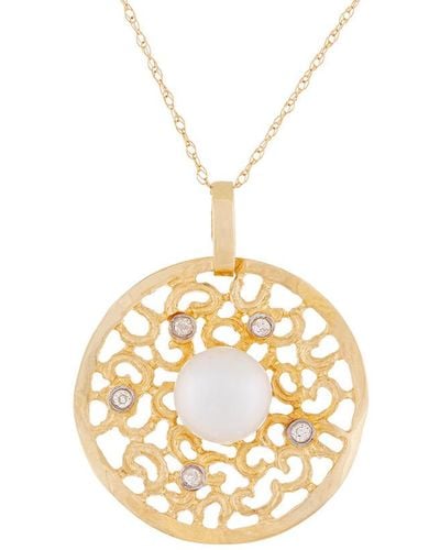 Masako Pearls 14k 0.07 Ct. Tw. Diamond 8-8.5mm Pearl Medallion Pendant Necklace - Metallic