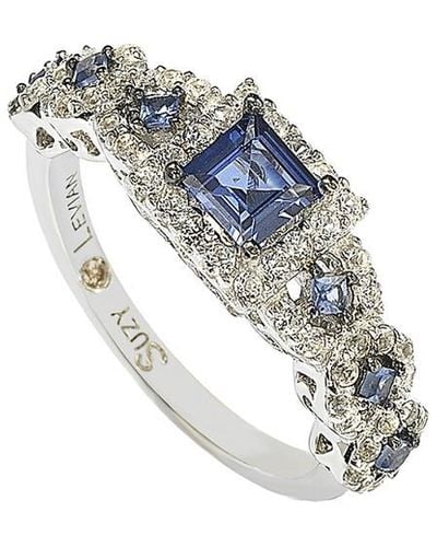 Suzy Levian Sterling Silver Assher Cut Sapphire And Diamond Accent Bridal Engagement Ring - Blue