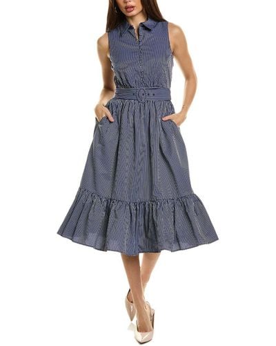 Tahari The Amanda Stripe Belted Midi Dress - Blue