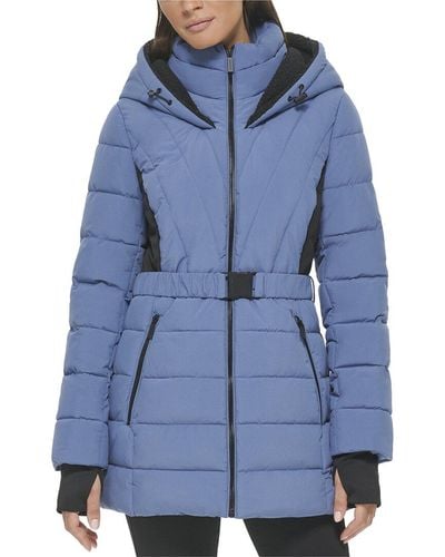Kenneth Cole Belted Stretch Puffer Coat - Blue