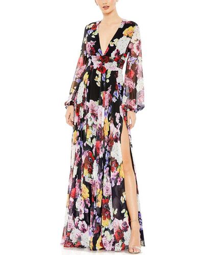 Mac Duggal Floral Print Illusion V Neck Gown - Red