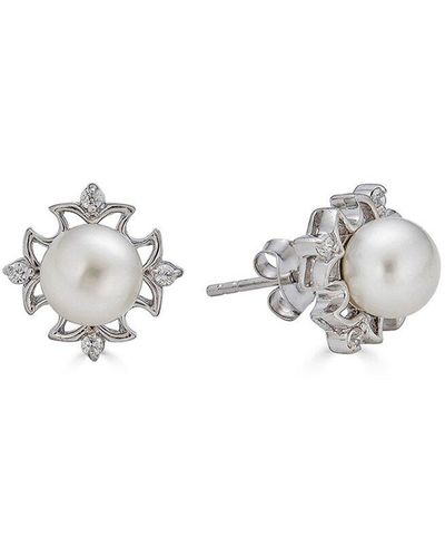 Belpearl Silver 7mm Freshwater Pearl Cz Earrings - Metallic