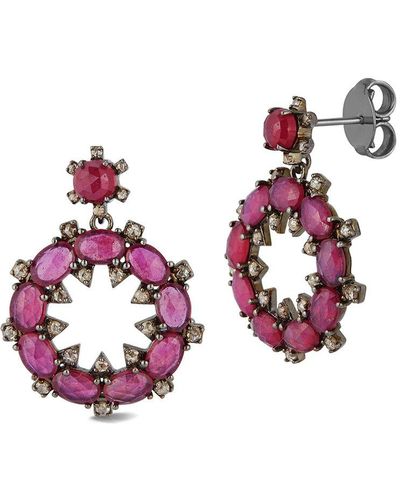Banji Jewelry Silver 0.98 Ct. Tw. Diamond & Glass Filled Ruby Drop Earrings - Pink