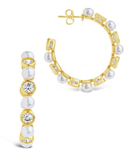 Sterling Forever 14k Plated 5mm Pearl Cz Theodora Hoops - Metallic