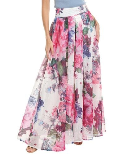 Gracia Watercolor Floral Printing Pleats Maxi Skirt - Pink