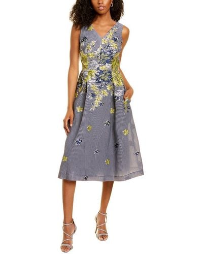 Teri Jon Ribbed Floral Print Jacquard A-line Dress - Gray