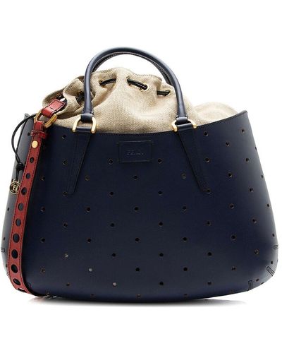Fendi Leather Leather Perforated B Fab Medium Tote (Authentic Pre-Owned) - Blue