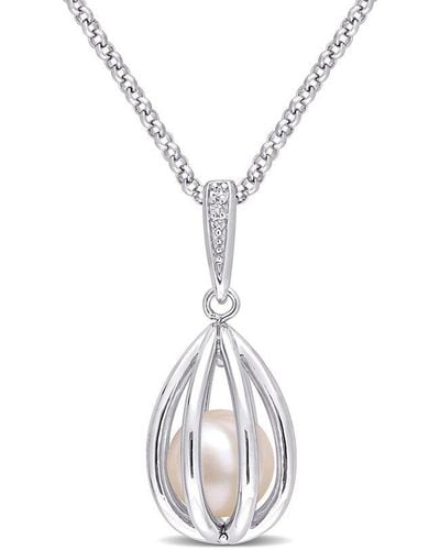Rina Limor Silver 0.01 Ct. Tw. Diamond 8-8.5mm Pearl Necklace - White