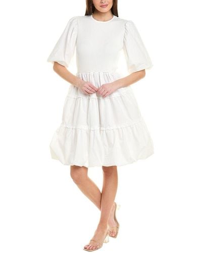 Gracia Spliced Gathered Puff Sleeve A-line Dress - White