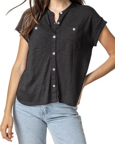 Lilla P Mandarin Collar Button Down Shirt - Black