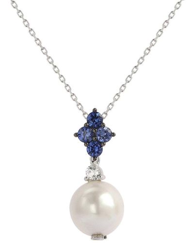 Suzy Levian Silver Sapphire Pearl Cluster Pendant Necklace - White