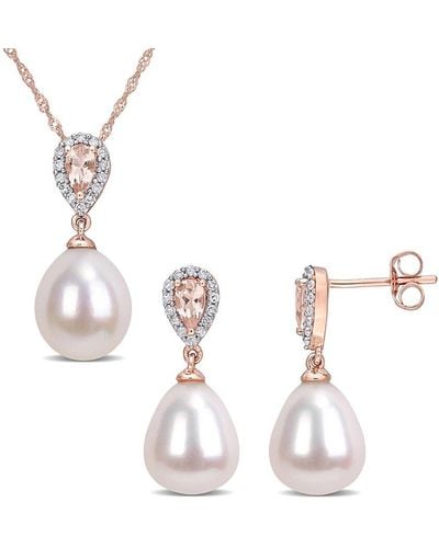 Rina Limor 10k Rose Gold 0.96 Ct. Tw. Diamond & Morganite 9-9.5mm Pearl Jewelry Set - White