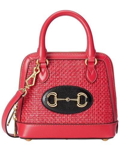 Gucci Horsebit 1955 Top Handle Bag Raffia & Leather Mini Shoulder Bag - Red