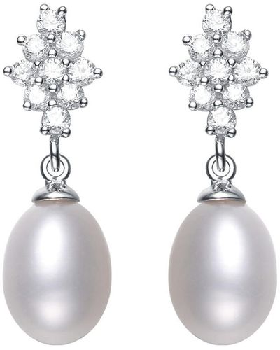 Genevive Jewelry Silver Pearl & Cz Drop Earrings - White