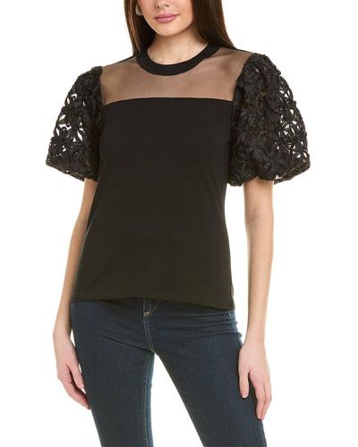 Gracia Lace Embroidered Puff Sleeve Top - Black