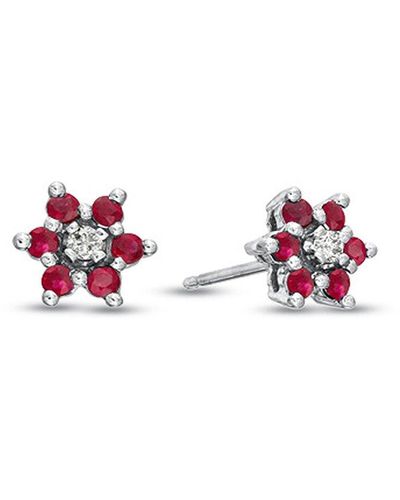 Diana M. Jewels Fine Jewellery 14k 0.58 Ct. Tw. Diamond & Ruby Flower Cluster Earrings - Red