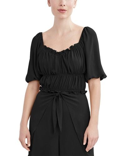 BCBGMAXAZRIA Womens Fitted Short Poof Sleeve Sweetheart Neck Top Shirt - Black