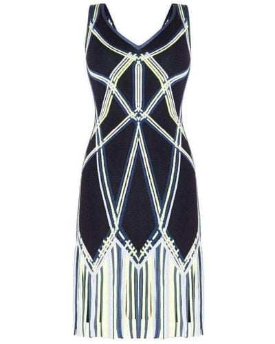 Hervé Léger Charoletta Basket Weave Fringe Jacquard Dress - Blue