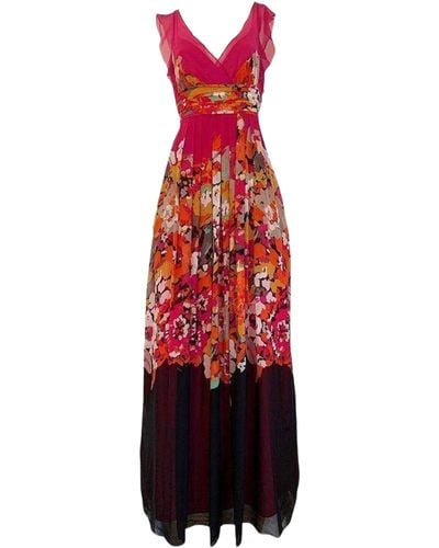 BCBGMAXAZRIA Printed Silk V-neck Maxi Dress - Red