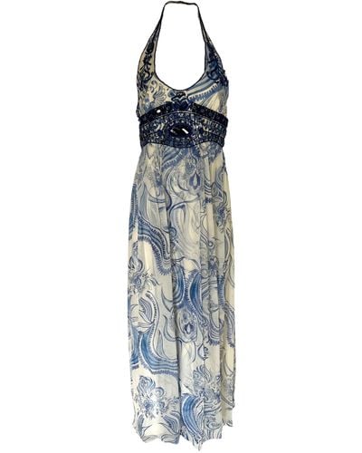 Emilio Pucci Greek Bleach Lazurite Silk Halter Gown Dress - Blue