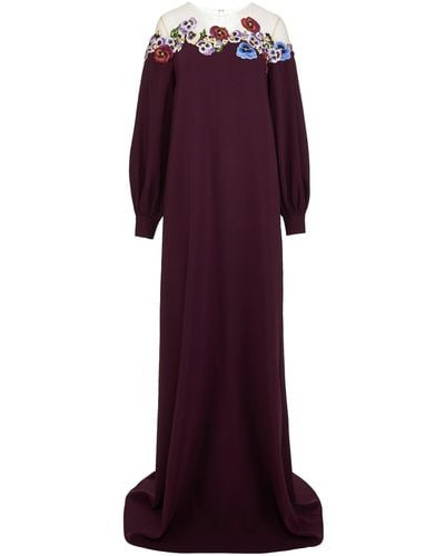 Oscar de la Renta Appliquéd Tulle-trimmed Silk-blend Crepe Gown - Purple