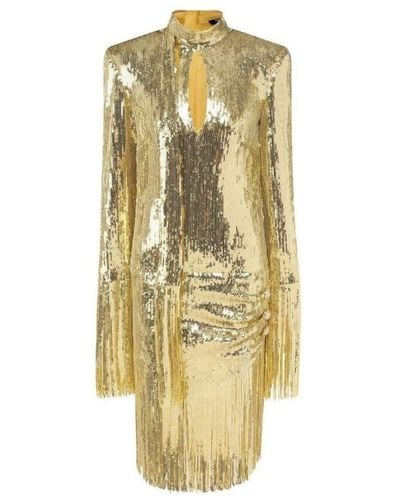 Balmain Fringed Gold Sequined Midi Dress - Metallic