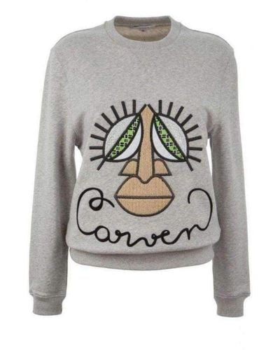 Carven Woven Grey Cotton Embroidered Face Sweatshirt