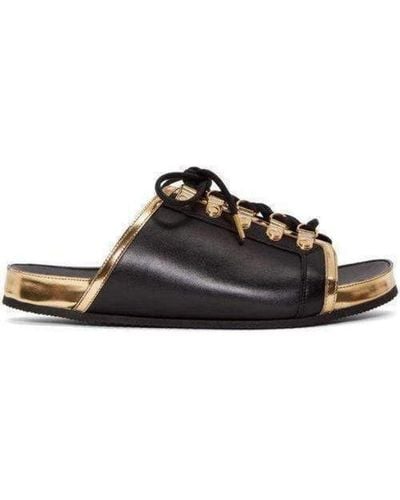 Balmain Gold Lace Up Sliders Leather Sandals - Black