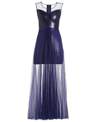 BCBGMAXAZRIA Cynthia Sequinned Detail Sunburst Pleated Gown - Blue