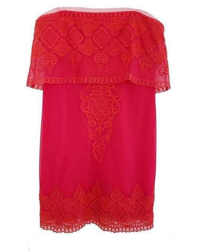 Luciana one shoulder crystallized ruby red french lace long dress