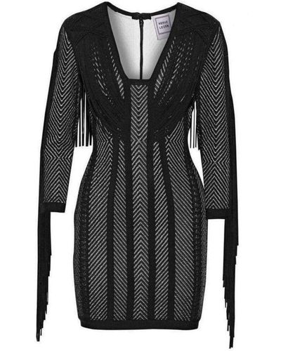 Hervé Léger Doutzen Plaited Chevron Fringe Dress - Black