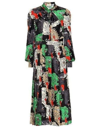 Gucci Pleated Rainbow-panther Face Silk Twill Dress - Green