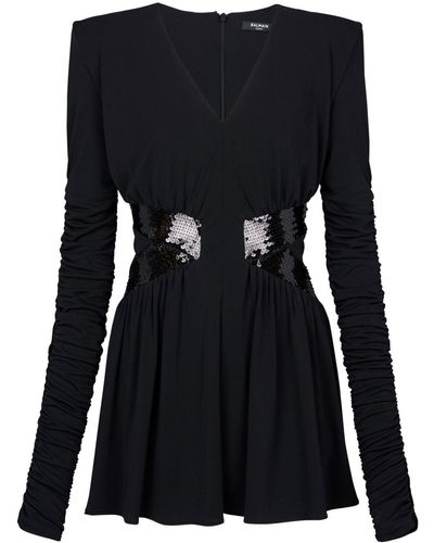 Balmain Sequin-embellished V-neck Mini Dress - Black