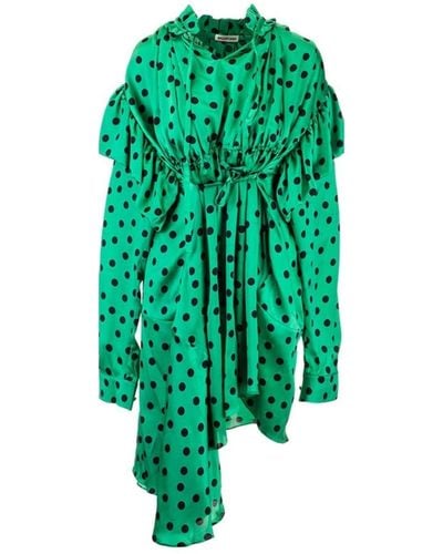 Balenciaga Polka Dot Print Long Sleeve Logo Jacquard Babydoll Dress - Green