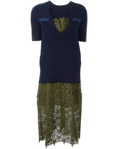 Sacai Sweater Top Green Embroidered Dress - Blue