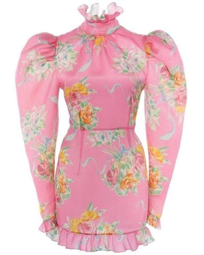 Alessandra Rich Floral Puff-sleeve Silk Mini Dress - Pink