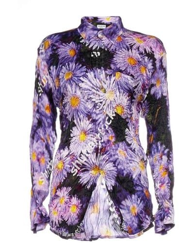 Balenciaga Floral Printed Crinkled Effect Silk Shirt - Purple