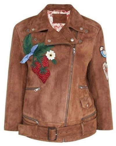 Gucci Patches Embroidered Suede Jacket - Brown