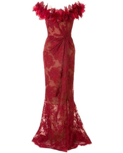 Marchesa Floral Lace Off-the-shoulder Gown - Red