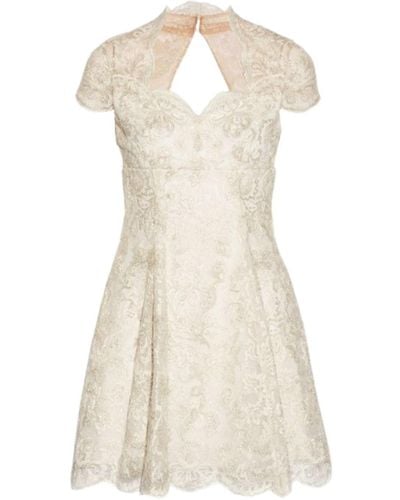 Marchesa Metallic Lace Cap Sleeve Dress - White