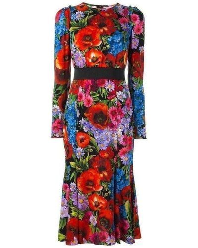Dolce & Gabbana Floral Print Silk Dress - Red