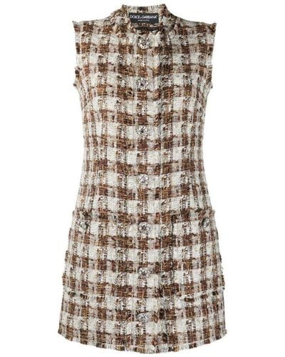 Dolce & Gabbana Embellished Checked Tweed Shift Dress - Brown