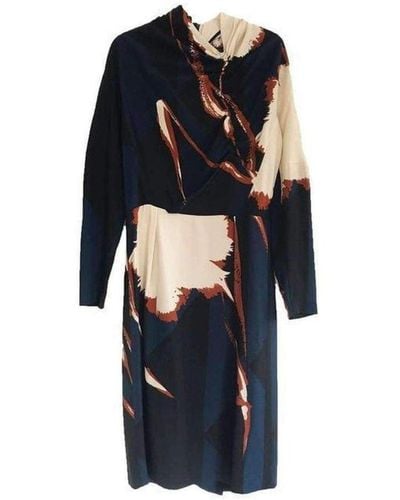Dries Van Noten Navy Crepe Abstract Print Dress - Blue